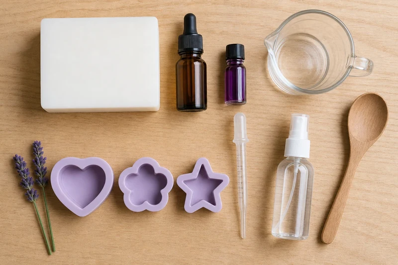 Ingrédients pour un savon melt and pour à la lavande : base glycérinée, huile essentielle, colorant, moules silicone et alcool à 90°