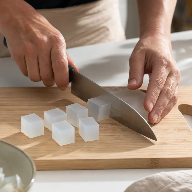 Adulte découpant une base de savon glycérinée en cubes de 2 cm sur une planche en bois