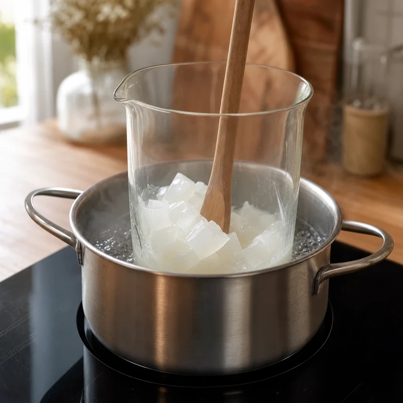 Base de savon glycérinée fondant au bain-marie dans un pichet en verre avec une cuillère en bois