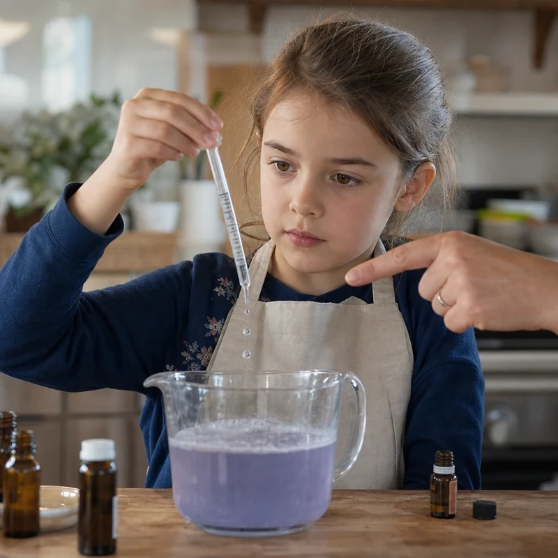 Enfant ajoutant l'huile essentielle de lavande goutte à goutte dans le savon fondu sous la supervision d'un adulte