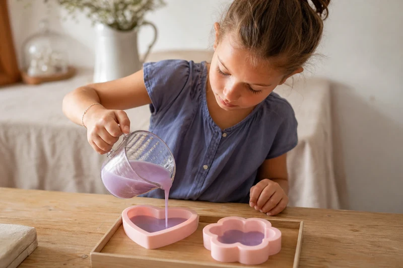 Enfant versant du savon liquide violet à la lavande dans un moule en silicone en forme de cœur