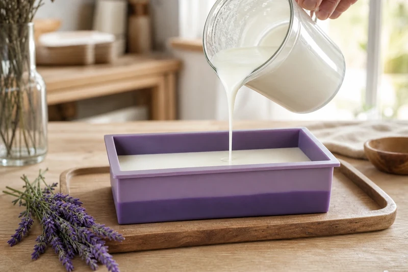 Coulage de la seconde couche blanche sur la couche violette figée pour créer un savon bicolore à la lavande