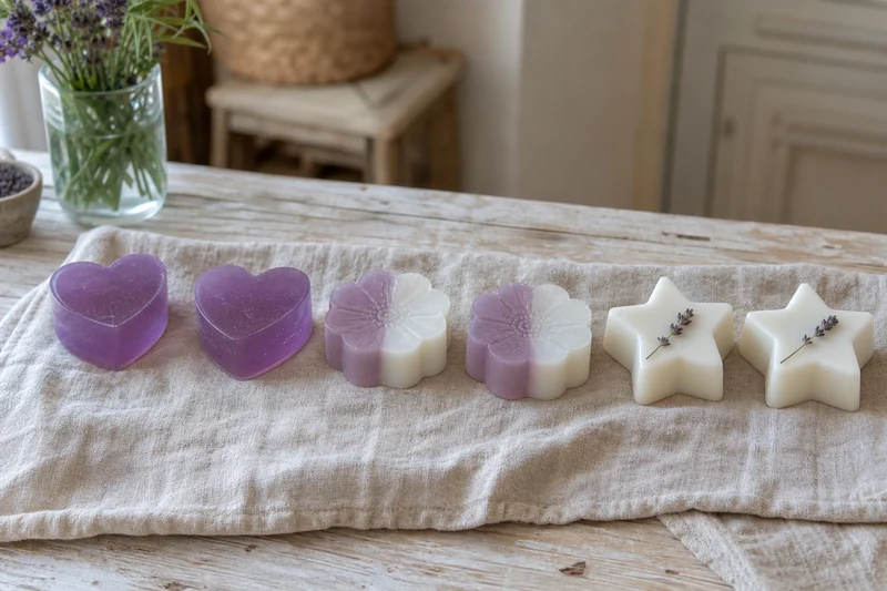 Six savons à la lavande démoulés : cœurs violets, fleurs bicolores et étoiles blanches avec brins de lavande