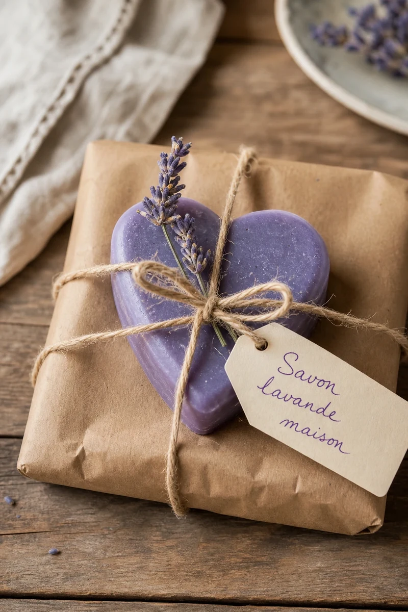 Savon à la lavande emballé en cadeau avec papier kraft, ficelle de jute et brin de lavande frais