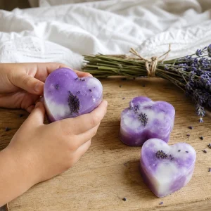 Savons à la lavande faits maison violets et blancs tenus par des mains d'enfant à côté d'un bouquet de lavande fraîche