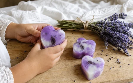 Savons à la lavande faits maison violets et blancs tenus par des mains d'enfant à côté d'un bouquet de lavande fraîche