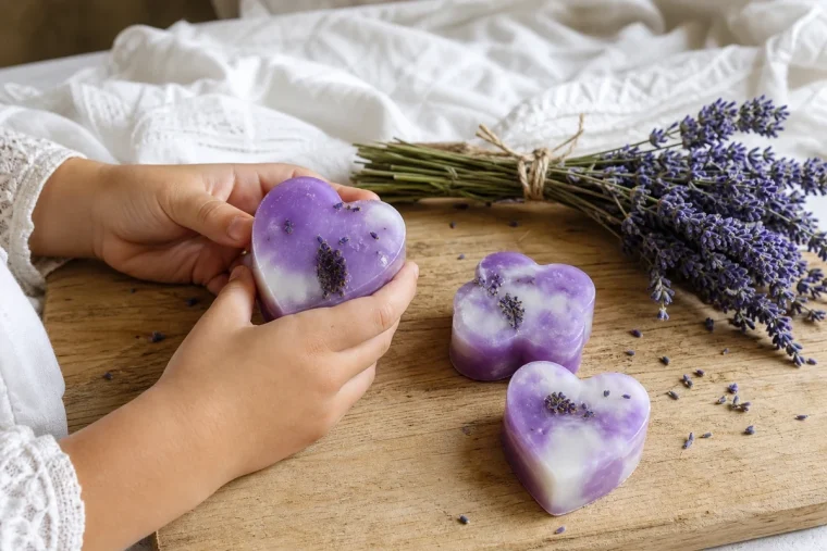 Savons à la lavande faits maison violets et blancs tenus par des mains d'enfant à côté d'un bouquet de lavande fraîche