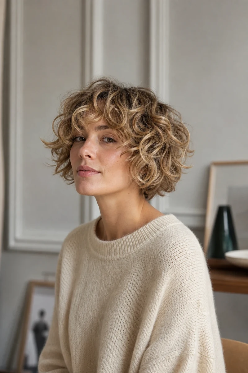 Cherub bob blond miel avec couches circulaires, petit volume nuageux et frange bouclée wispy.