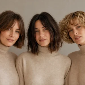 Comparatif de trois carrés tendance 2026 : scandi bob avec curtain bangs, ripped bob texturisé et cherub bob bouclé, portés par trois femmes côte à côte.