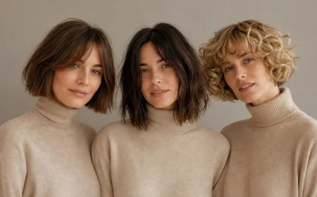 Comparatif de trois carrés tendance 2026 : scandi bob avec curtain bangs, ripped bob texturisé et cherub bob bouclé, portés par trois femmes côte à côte.
