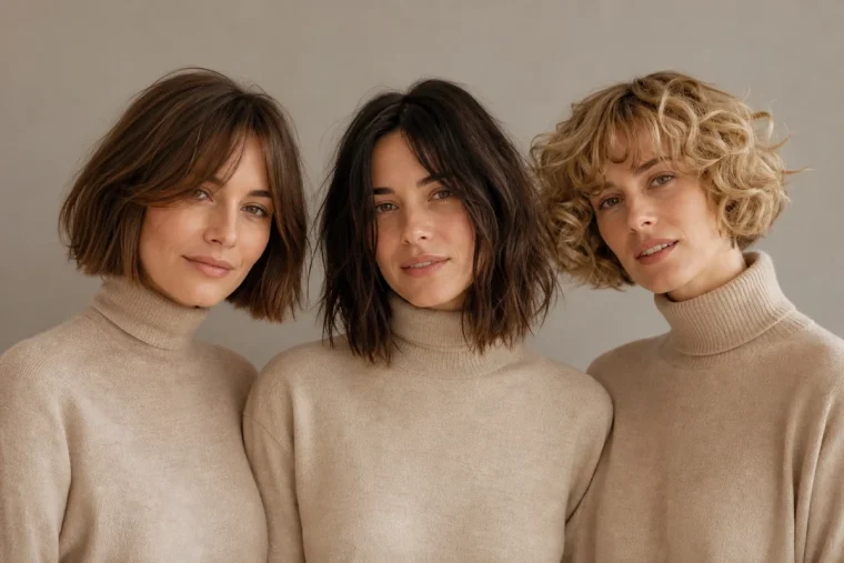 Comparatif de trois carrés tendance 2026 : scandi bob avec curtain bangs, ripped bob texturisé et cherub bob bouclé, portés par trois femmes côte à côte.