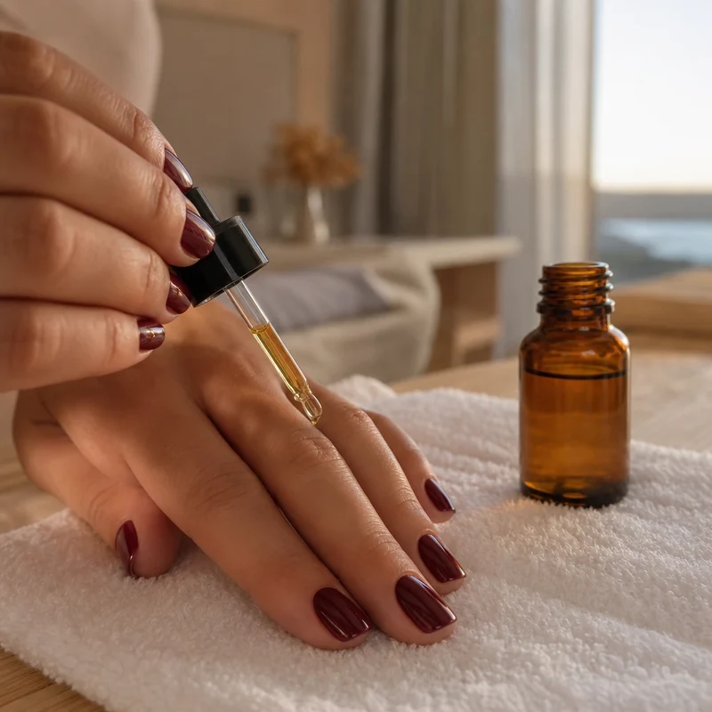 Application d'huile de cuticules le soir pour préserver la manucure d'été