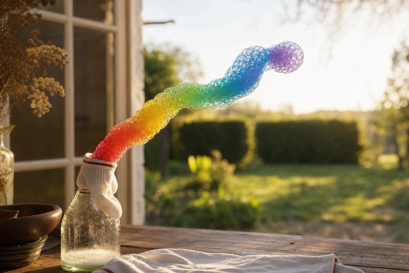 Long serpent de bulles multicolore en action, contre-jour doré dans un jardin