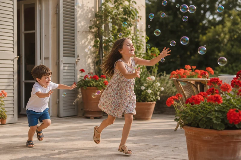 Deux enfants riant en courant après les bulles colorées sur une terrasse d'été