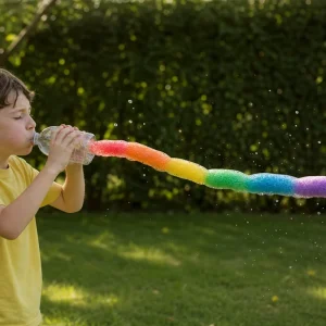 Enfant soufflant un long serpent de bulles arc-en-ciel dans un jardin d'été