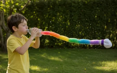 Enfant soufflant un long serpent de bulles arc-en-ciel dans un jardin d'été
