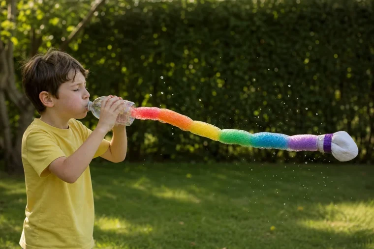 Enfant soufflant un long serpent de bulles arc-en-ciel dans un jardin d'été
