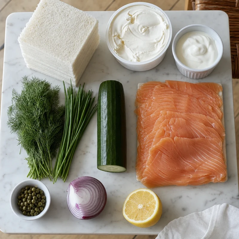 Ingrédients d'une smörgåstårta au saumon fumé : pain de mie, fromage frais, crème fraîche, saumon, aneth, concombre