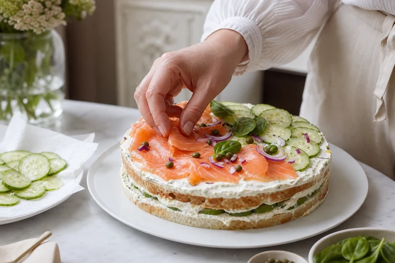 Deuxième couche d'une smörgåstårta : saumon fumé, concombre, épinards, oignon rouge et câpres sur crème au fromage frais