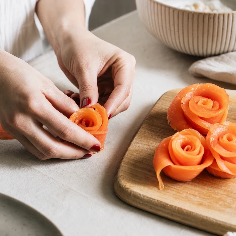Rose de saumon fumé roulée à la main pour décorer une smörgåstårta