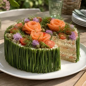 Smörgåstårta suédoise au saumon fumé entière décorée de ciboulette, tomates cerises et roses de saumon sur un plat blanc