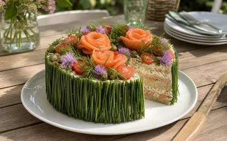 Smörgåstårta suédoise au saumon fumé entière décorée de ciboulette, tomates cerises et roses de saumon sur un plat blanc