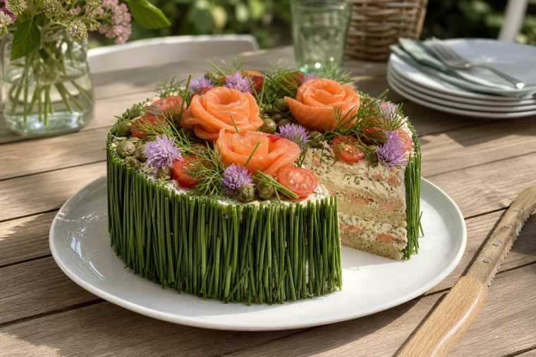 Smörgåstårta suédoise au saumon fumé entière décorée de ciboulette, tomates cerises et roses de saumon sur un plat blanc