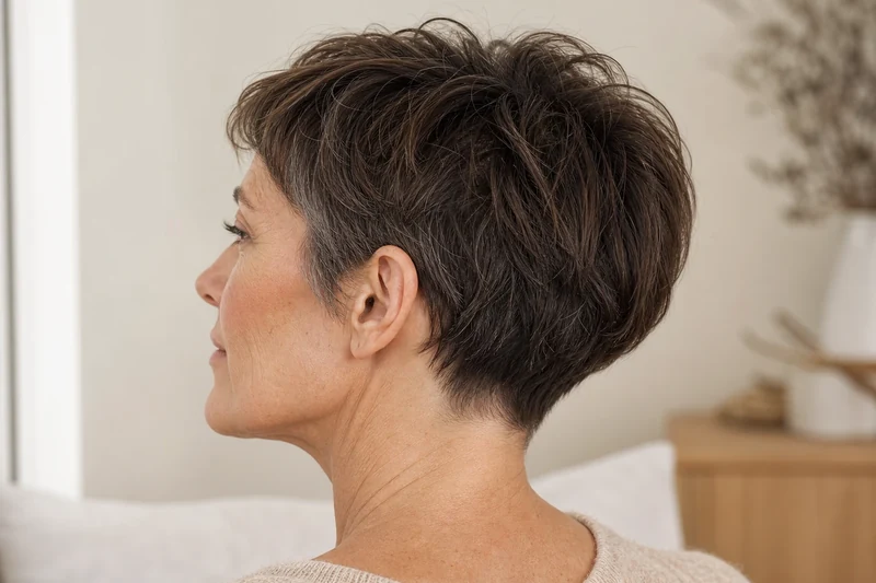 Profil d'une femme de 50 ans avec Soft Pixie et nuque dégagée