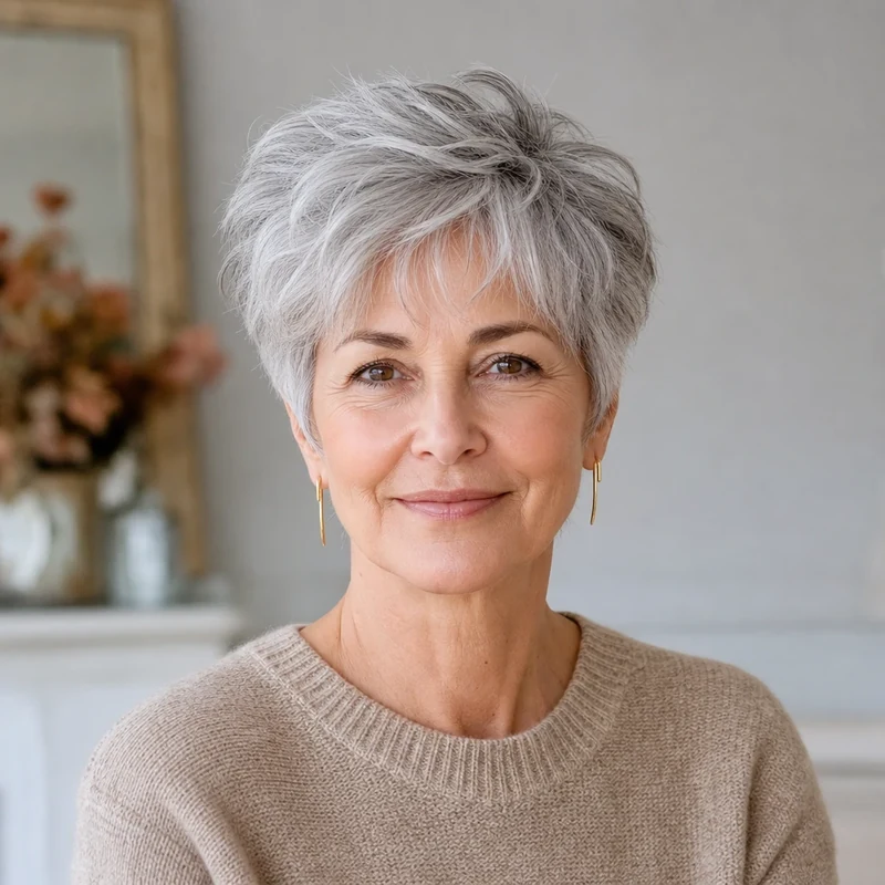 Soft Pixie sur cheveux gris argentés naturels à 58 ans
