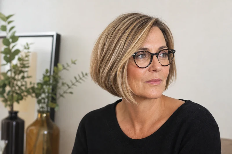 Carré court plongeant avec lunettes acétate sur femme de 50 ans