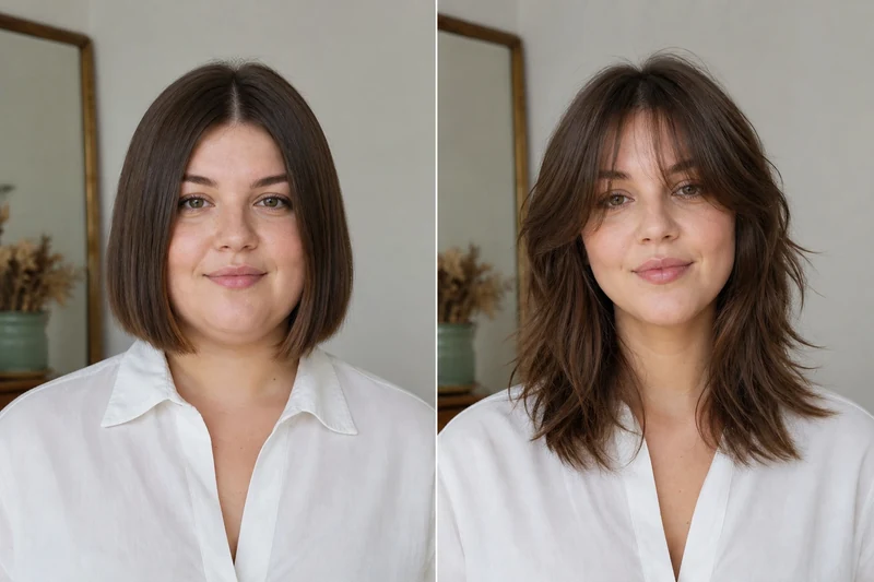 Comparaison avant après : carré droit au menton versus Soft Wolf Cut sur un visage rond