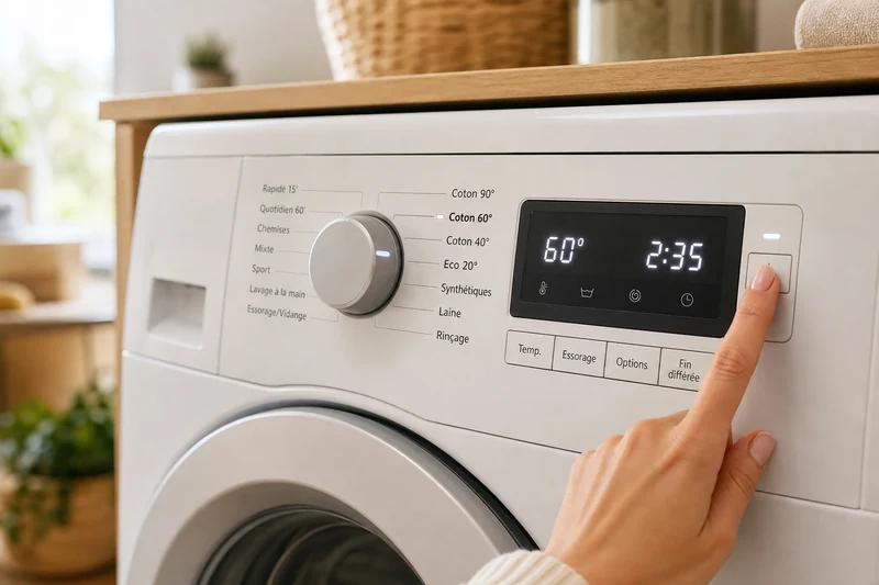 Sélection d'un programme coton à 60 °C, sans prélavage, pour activer le percarbonate de la tablette.
