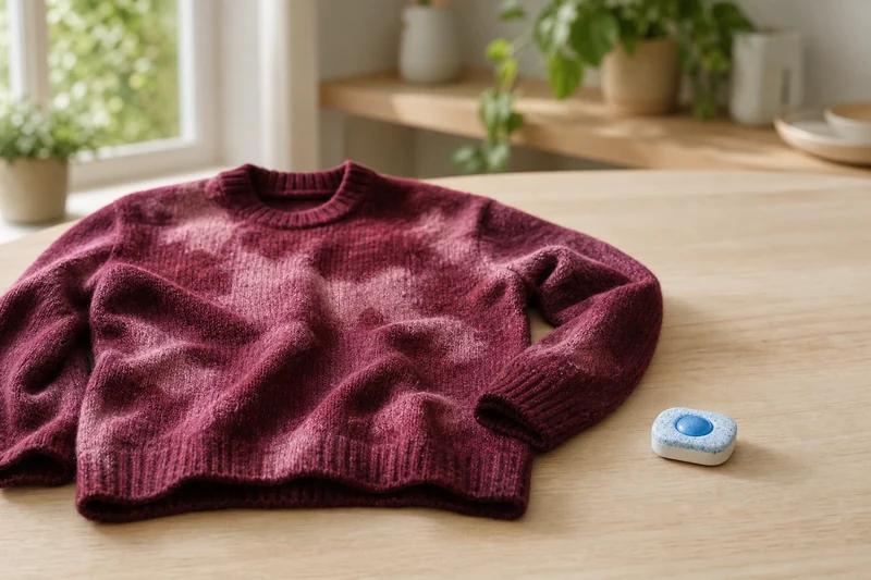 Décoloration d'un pull en laine après un lavage accidentel avec une tablette lave-vaisselle — illustration de l'erreur à éviter.