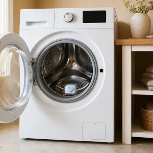 Une tablette lave-vaisselle déposée dans le tambour vide d'un lave-linge, prête pour un cycle de nettoyage à 60 °C.