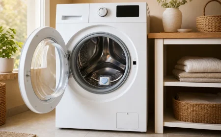 Une tablette lave-vaisselle déposée dans le tambour vide d'un lave-linge, prête pour un cycle de nettoyage à 60 °C.