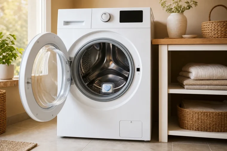 Une tablette lave-vaisselle déposée dans le tambour vide d'un lave-linge, prête pour un cycle de nettoyage à 60 °C.