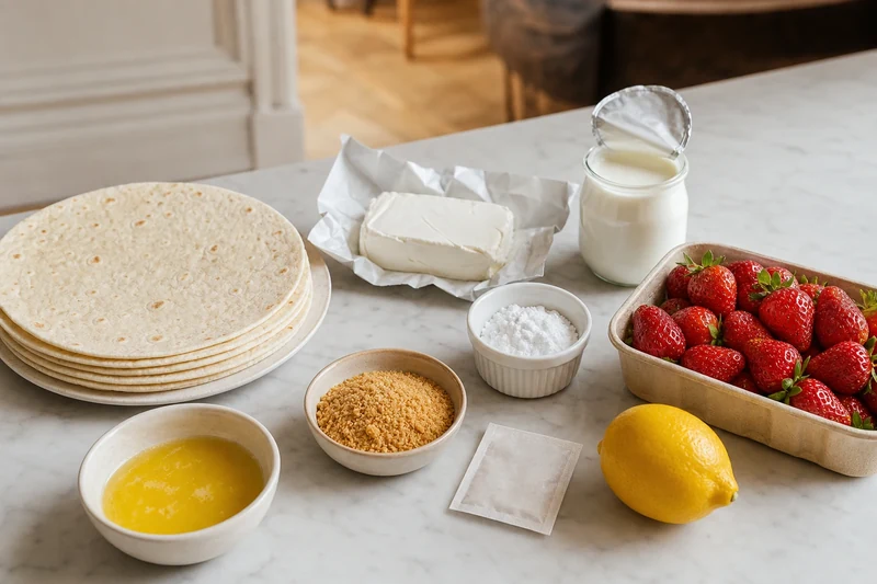 Ingrédients pour tacos cheesecake aux fraises disposés sur un plan de travail en marbre : tortillas, fromage frais, crème, fraises.
