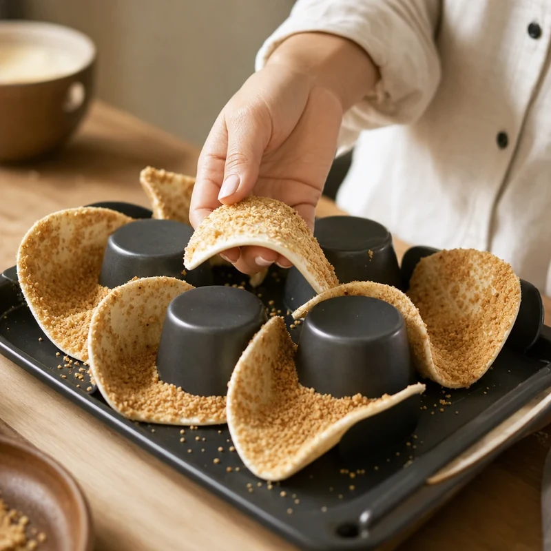 Tortillas beurrées et enrobées de miettes de biscuit placées entre les creux d'un moule à muffins retourné pour former des coques.