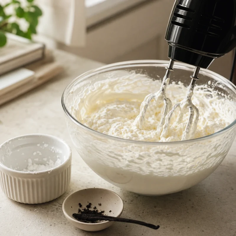 Crème au fromage frais fouettée dans un bol en verre avec les fouets d'un batteur électrique.