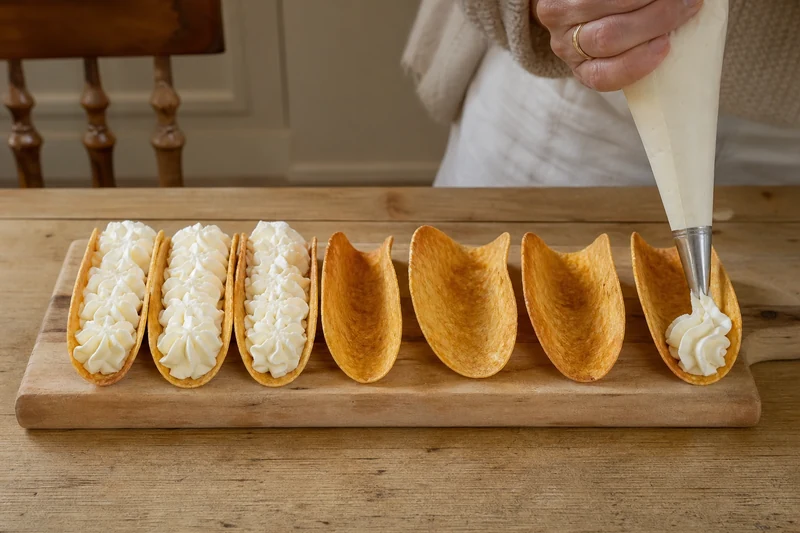 Coques de tacos croustillantes garnies de crème au fromage frais à la poche à douille cannelée.