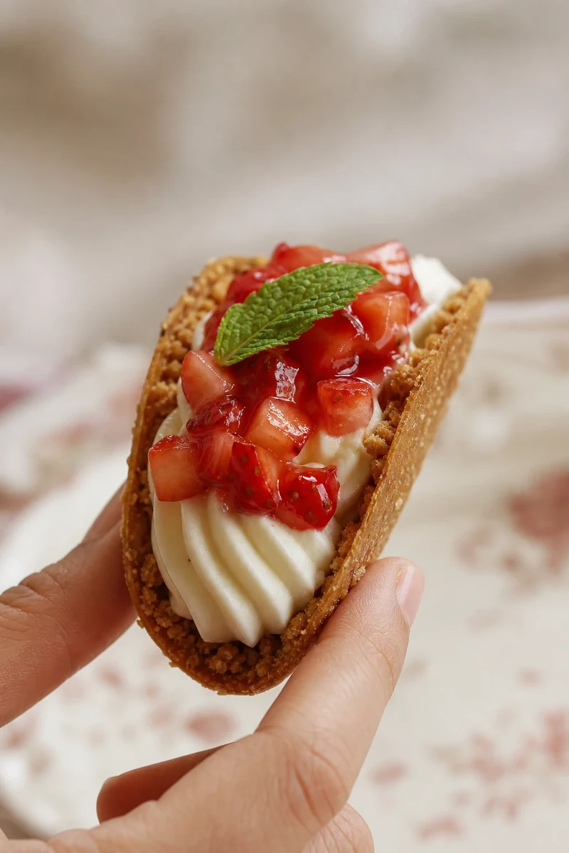 Un taco cheesecake aux fraises tenu entre deux doigts, gros plan sur la crème et les dés de fraises.