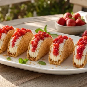Sept tacos cheesecake aux fraises alignés sur un plat blanc, garnis de crème et de dés de fraises.