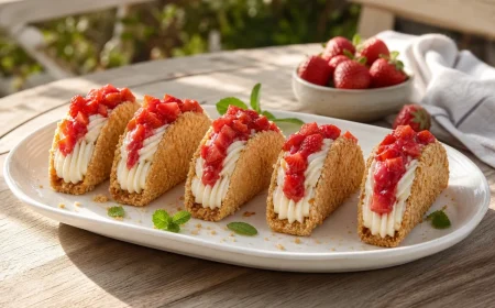 Sept tacos cheesecake aux fraises alignés sur un plat blanc, garnis de crème et de dés de fraises.