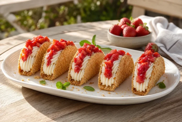 Sept tacos cheesecake aux fraises alignés sur un plat blanc, garnis de crème et de dés de fraises.
