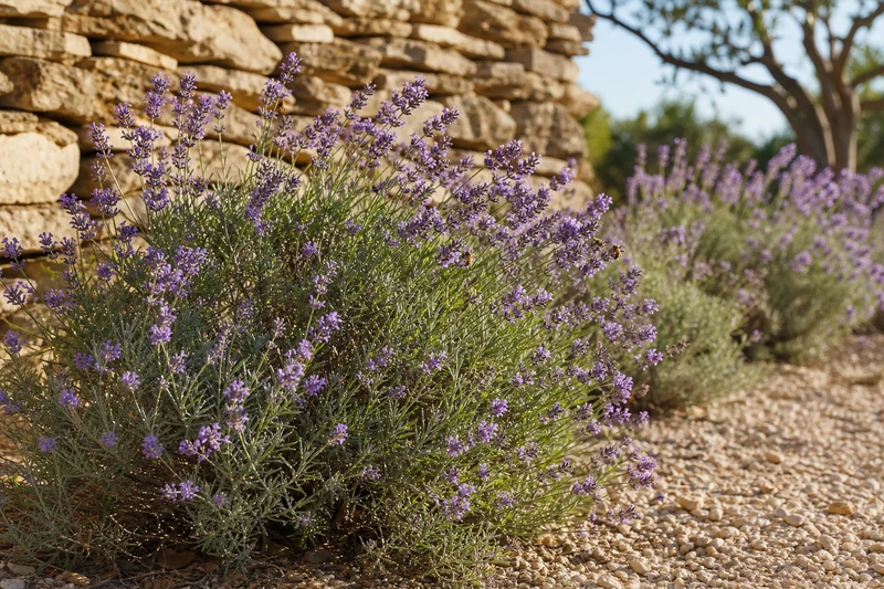 Seconde floraison discrète d'un massif de lavande en août après une taille de juillet