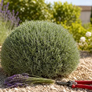 Pied de lavande taillé en boule après la floraison de juillet, sécateur bypass posé à côté
