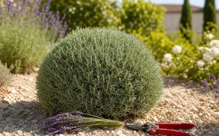 Pied de lavande taillé en boule après la floraison de juillet, sécateur bypass posé à côté