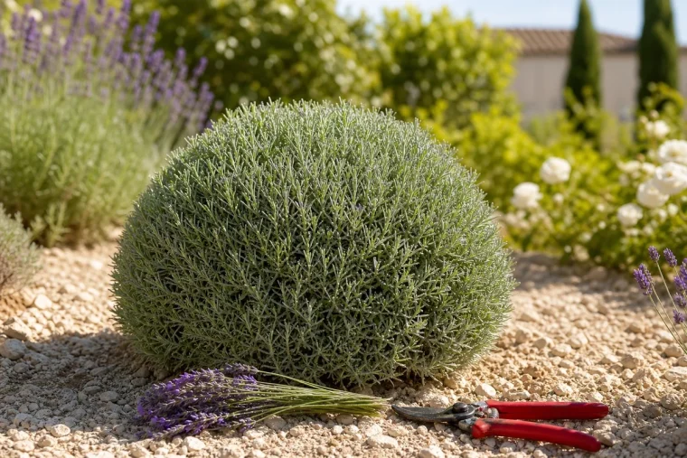 Pied de lavande taillé en boule après la floraison de juillet, sécateur bypass posé à côté