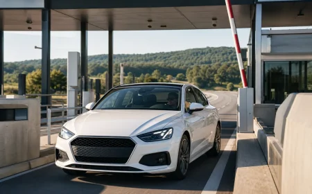 Voiture de société franchissant une voie de télépéage sans s'arrêter