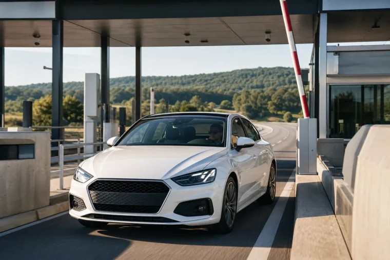 Voiture de société franchissant une voie de télépéage sans s'arrêter